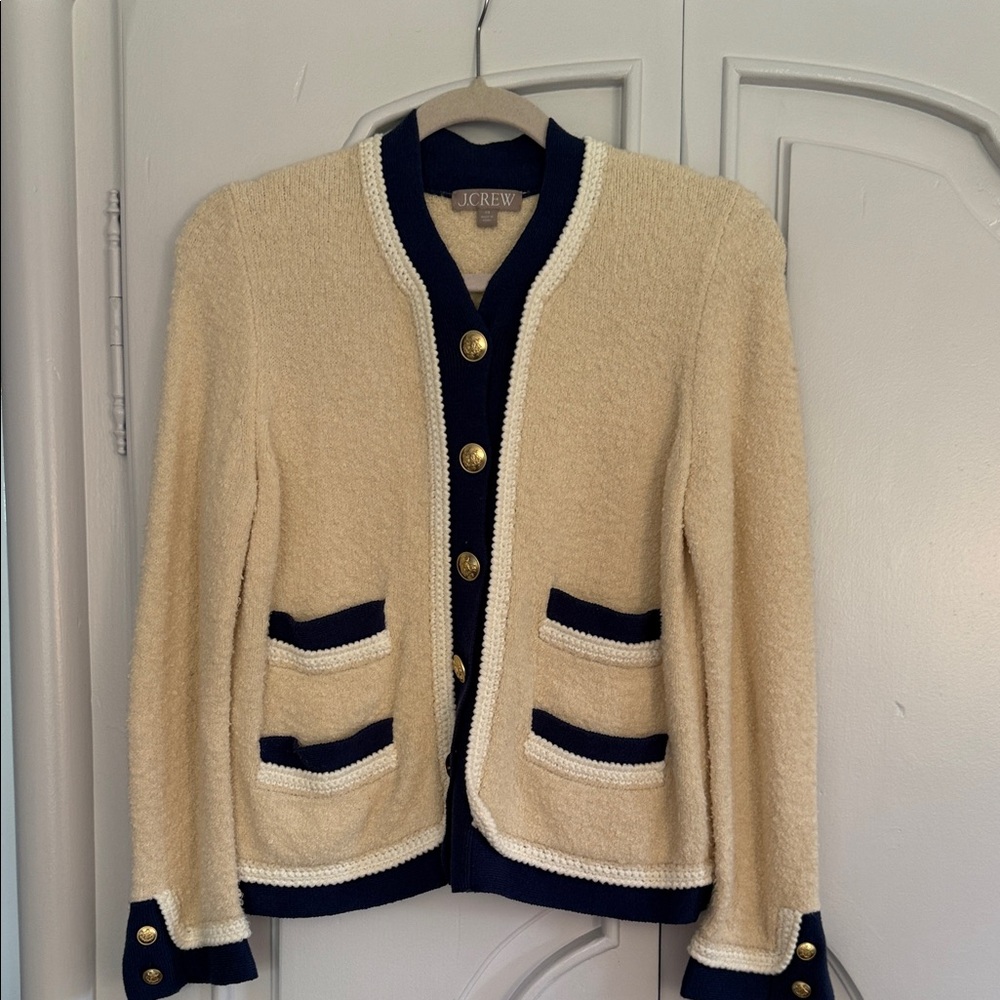 J. Crew Cream Bouclé Blazer with Navy Trim and Gold Buttons
